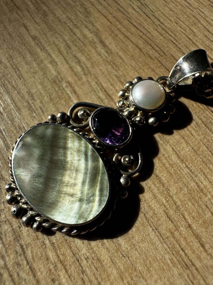 Zawieszka + łańcuszek srebro 925 kamień naturalny perła, masa perłowa