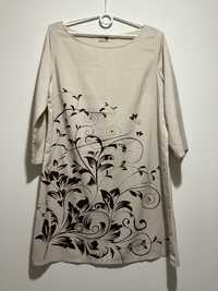 Beżowa kremowa luźna sukienka tunika z brązowym wzorem, rozmiar M/L