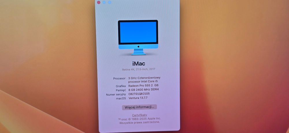 Apple iMac A1418 4K i5 3 Ghz 1TB  IDEALNY jak nowy