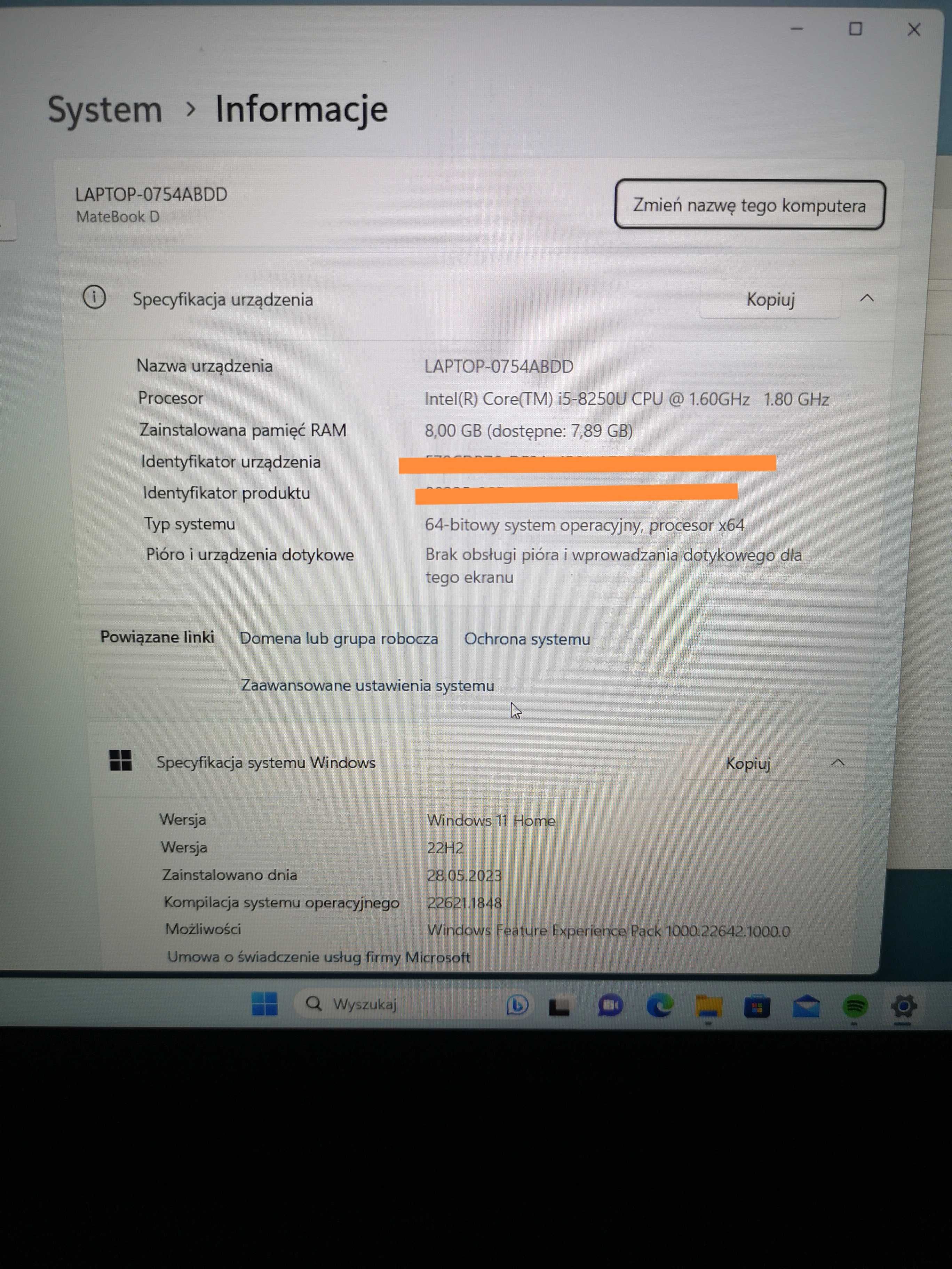 Laptop Huawei Matebook D15/I5-8250U/8GB RAM/256 SSD/ 15,6/Windows 10