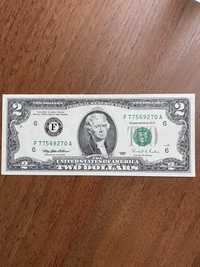 Купюра банкнота 2 доллара США 1995 года 2003 года.