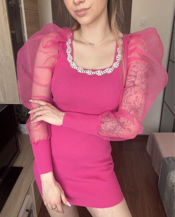 Sukienka mini fuksja bufiaste tiulowe rękawy s m petite