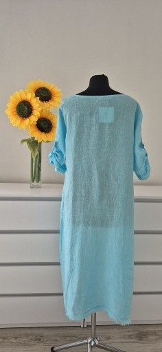 Lniana tunika błękitna asymetryczna regulowany rękaw