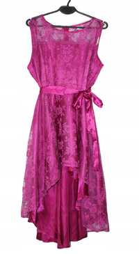 Różowa sukienka asymetryczna koronka wesele XL 42