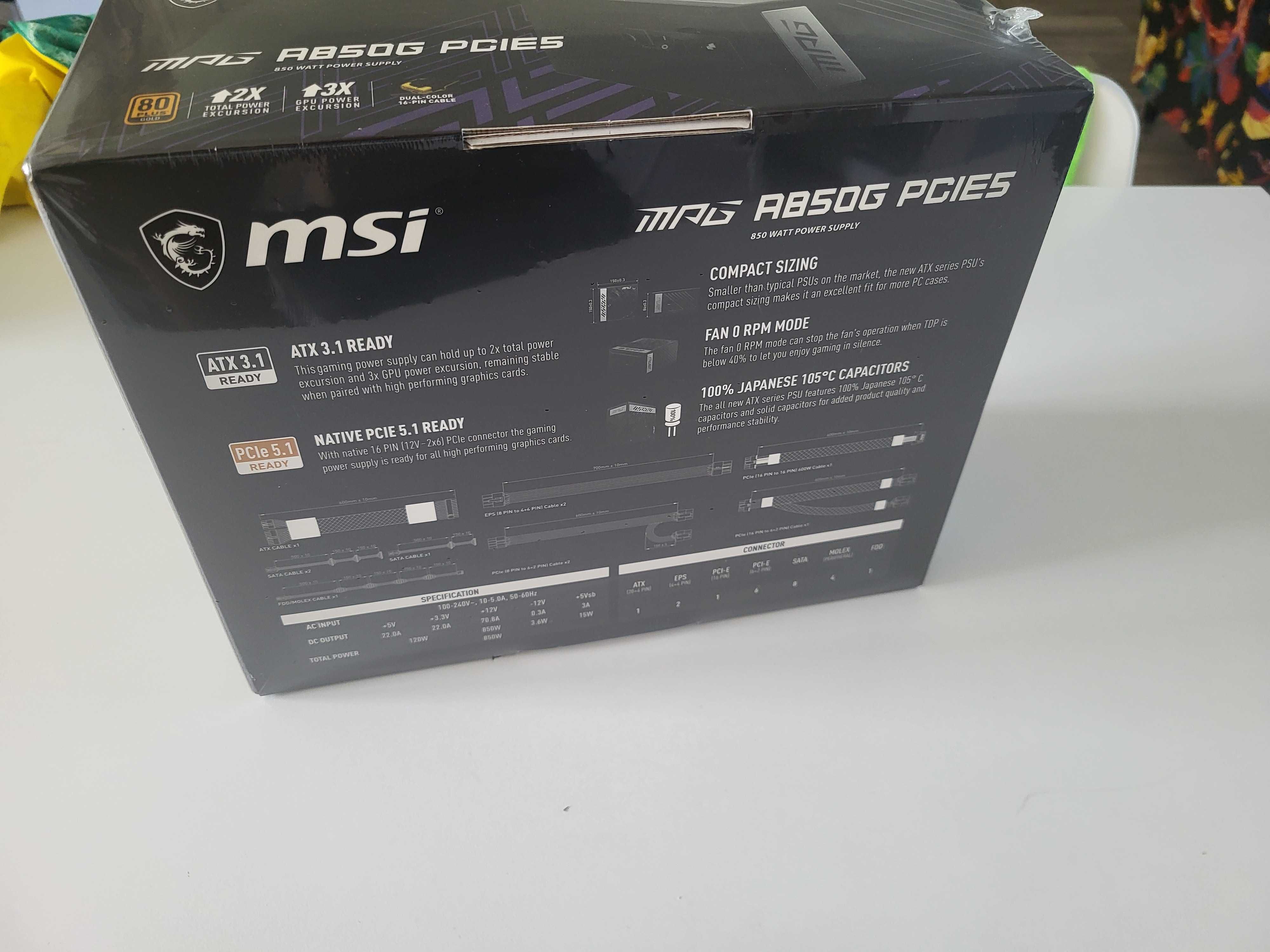 Zasilacz MSI MPG A850G PCIe5.0 850W 80 Plus Gold ATX 3.0 nowy gwarancj