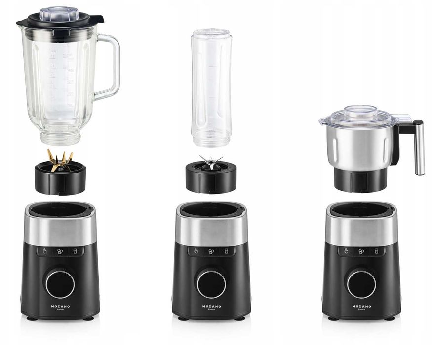 MOCNY Blender Kielichowy 1200W Kielich SZKLANY 2,2L Młynek 2x Bidony