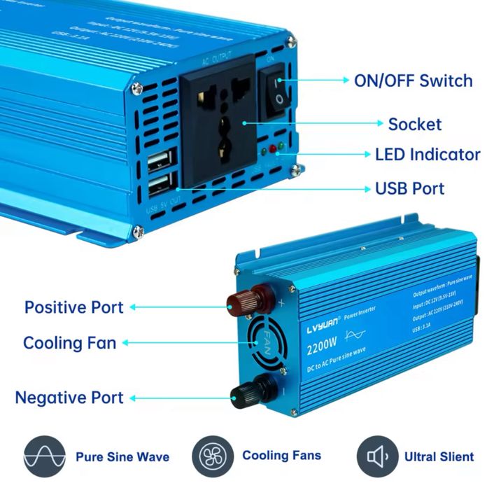 Без-вна доставка Інвертор lvyuan 24/220 В 1000/2200 Вт чистий сінус