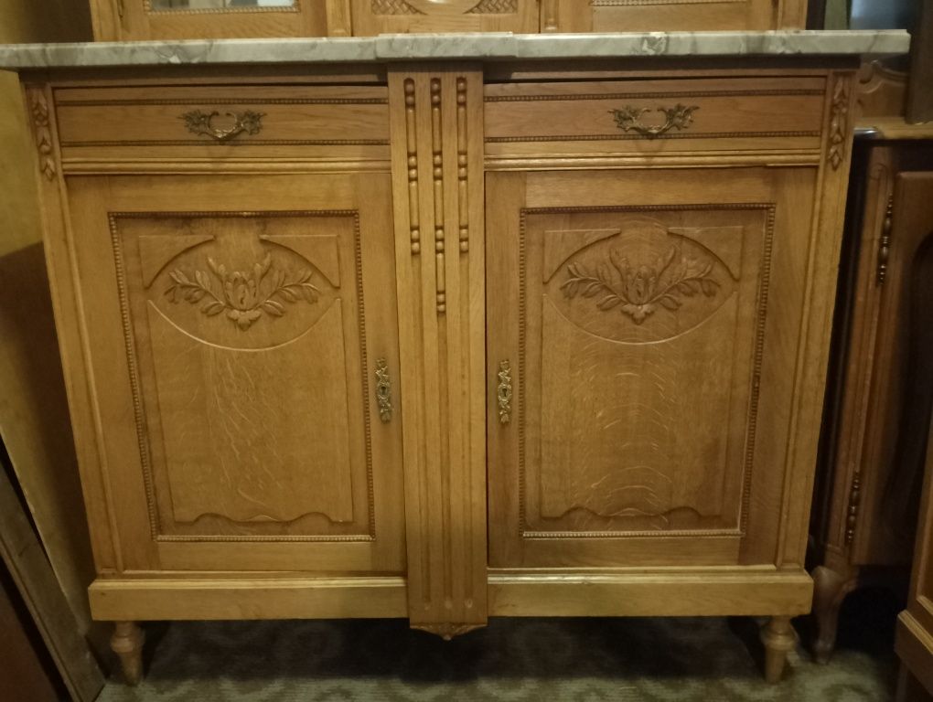 Piękny stary komplet kredens + pomocnik antyk  jasny dąb z marmurem