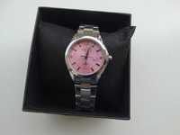 Różowy zegarek damski srebrny solidna bransoleta stalowa pudełko HIT