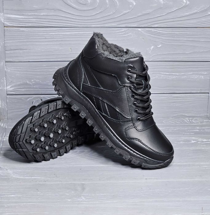 Кожаные мужские зимние широкие черные прошитые ботинки шнурок змейка