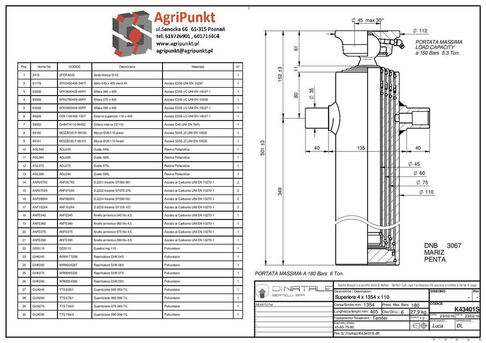 Siłownik skok 135cm  przyczepa wywrotka  o ład do 6 Ton  TENIFER*