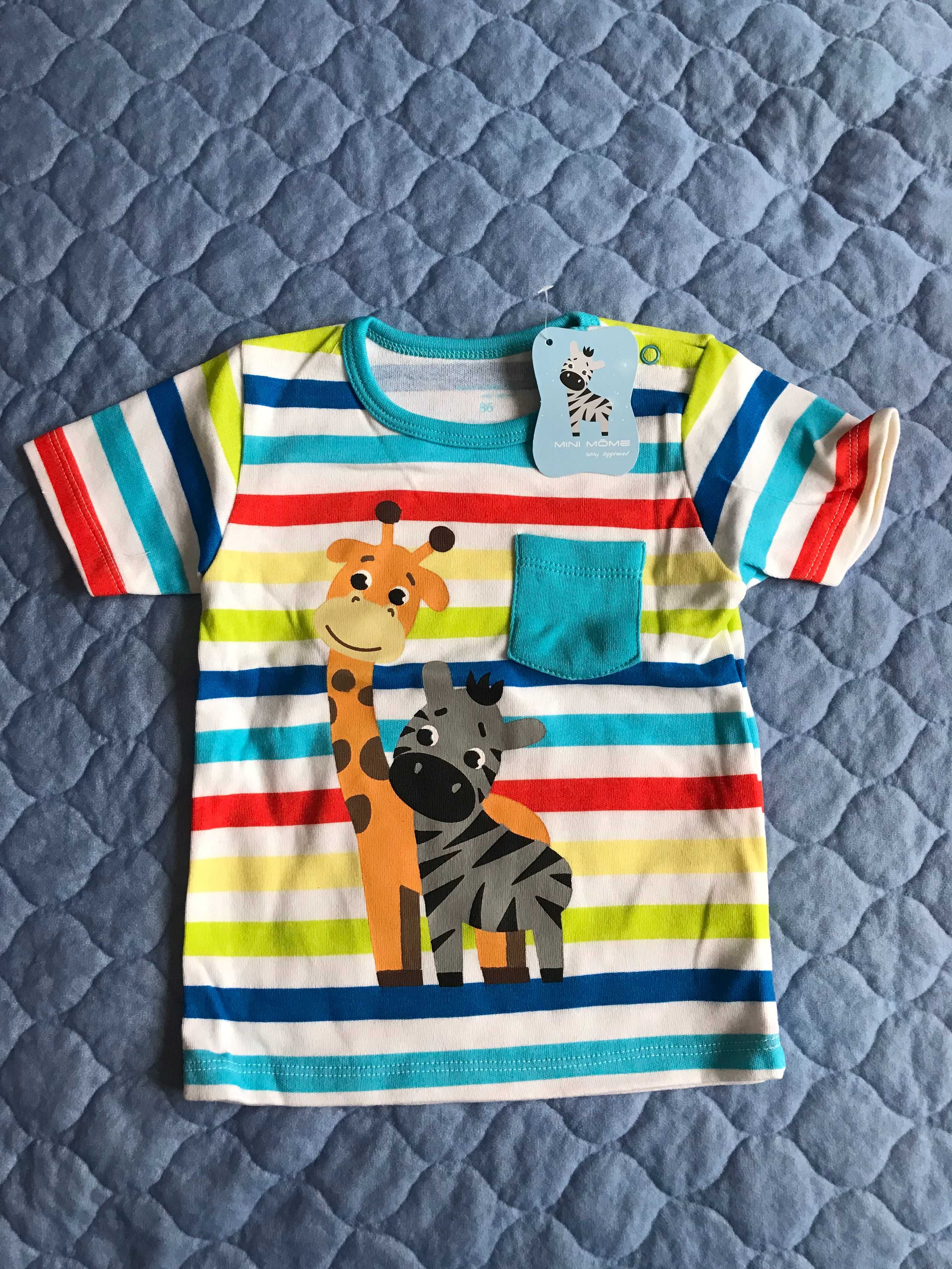 Nowy T-shirt, bawełna, z żyrafą i zebrą, rozmiar 80/86