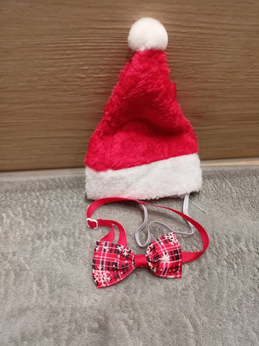 Nowy zestaw świąteczny, czapka Mikołaja i kokardka, obroża regulowana