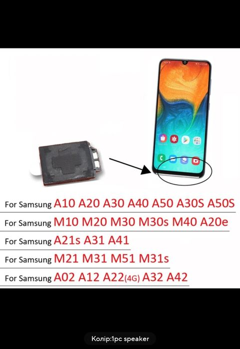 Звуковий динамік на Samsung M31 21 51, A10 20 30 40 50, A21 31 41, A12