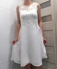 Biała ecru sukienka elegancka koronka krótka wesele ślub 40 L 42 XL