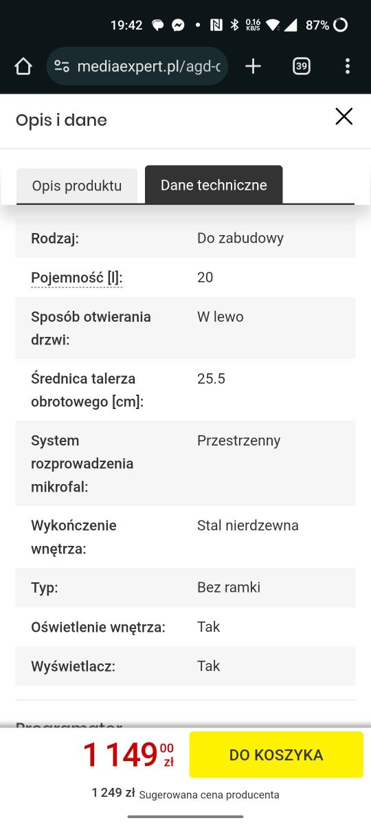 Nowa mikrofalówka do zabudowy Amica 800W 20 l