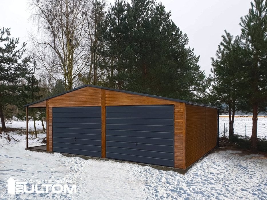 Garaż blaszany drewnopodobny z wiatą profil zamknięty