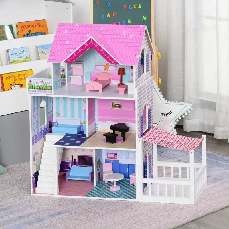 Casa de bonecas 3 andares com Pátio (inclui Mobília e acessórios)