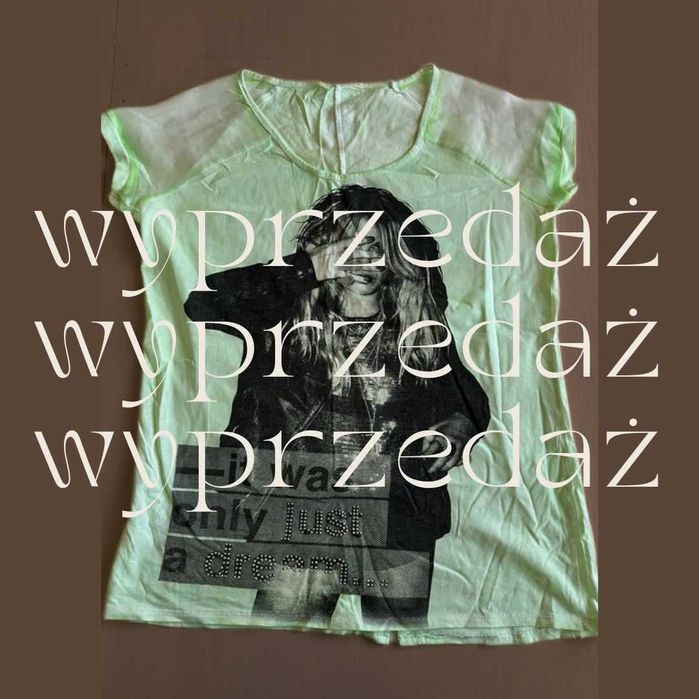 T-shirt bluzka z nadrukiem S/36 miętowa przezroczyste ramiona #1822