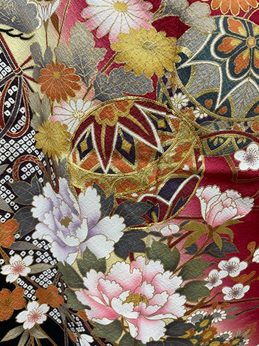 Japońskie kimono furisode + pas obi + sznur obijime + torebka