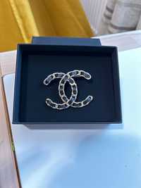 Broszka CC Chanel szampańskie złoto skóra naturalna zestaw Wysyłka 24h