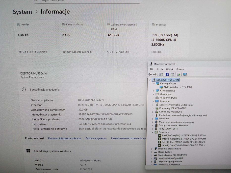Komputer Używany Asus i5 32GB 512 SSD 1TB HDD GTX 1080 8GB Win11 GW FV