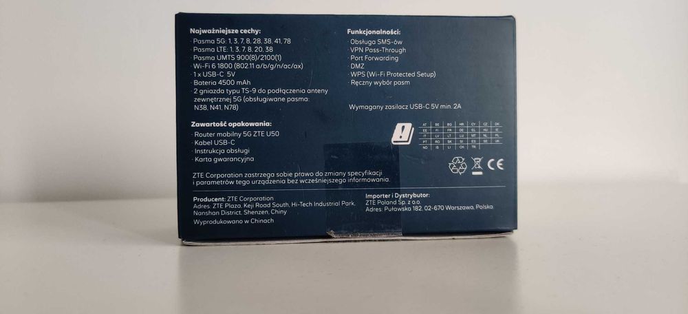 Router mobilny przenośny zasięg 5G model: ZTE U50 ruter 5G