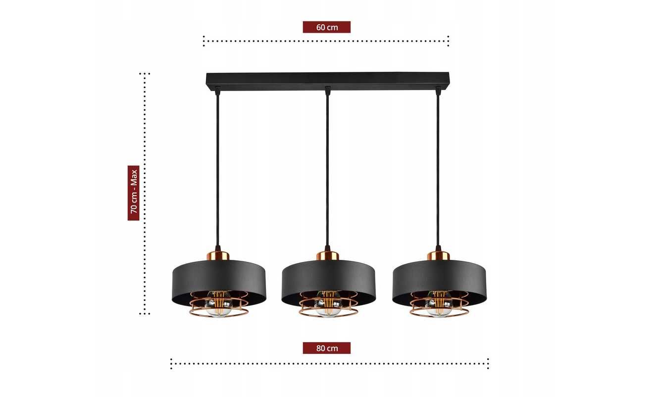 Piękna nowoczesna LAMPA WISZĄCA na 3 żarówki CZARNA+MIEDŹ Nowa