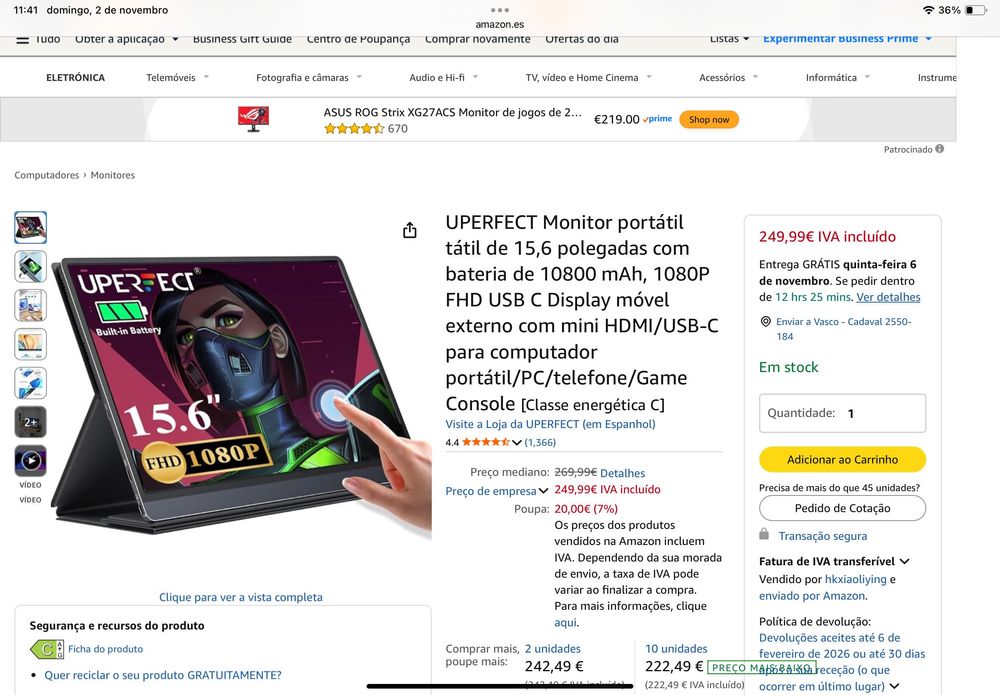 Monitor touchscreen 15,6 polegadas com bateria