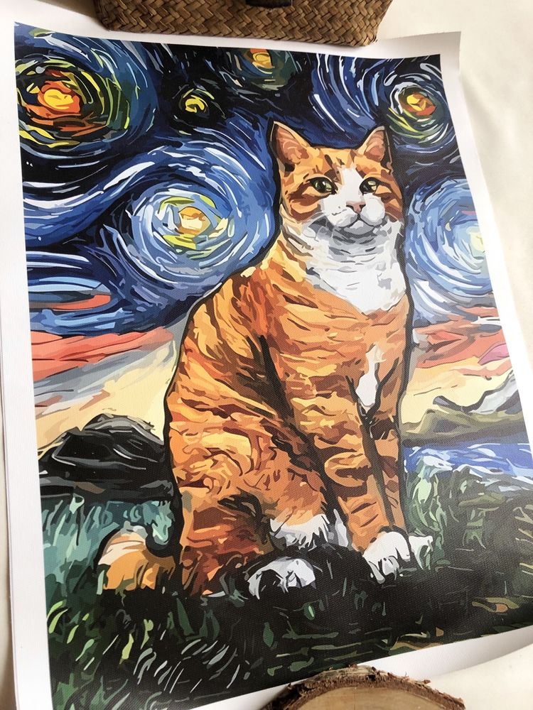 Gobelin na płótnie HD/Rudy Kot/Gwiaździsta Noc Van Gogh
