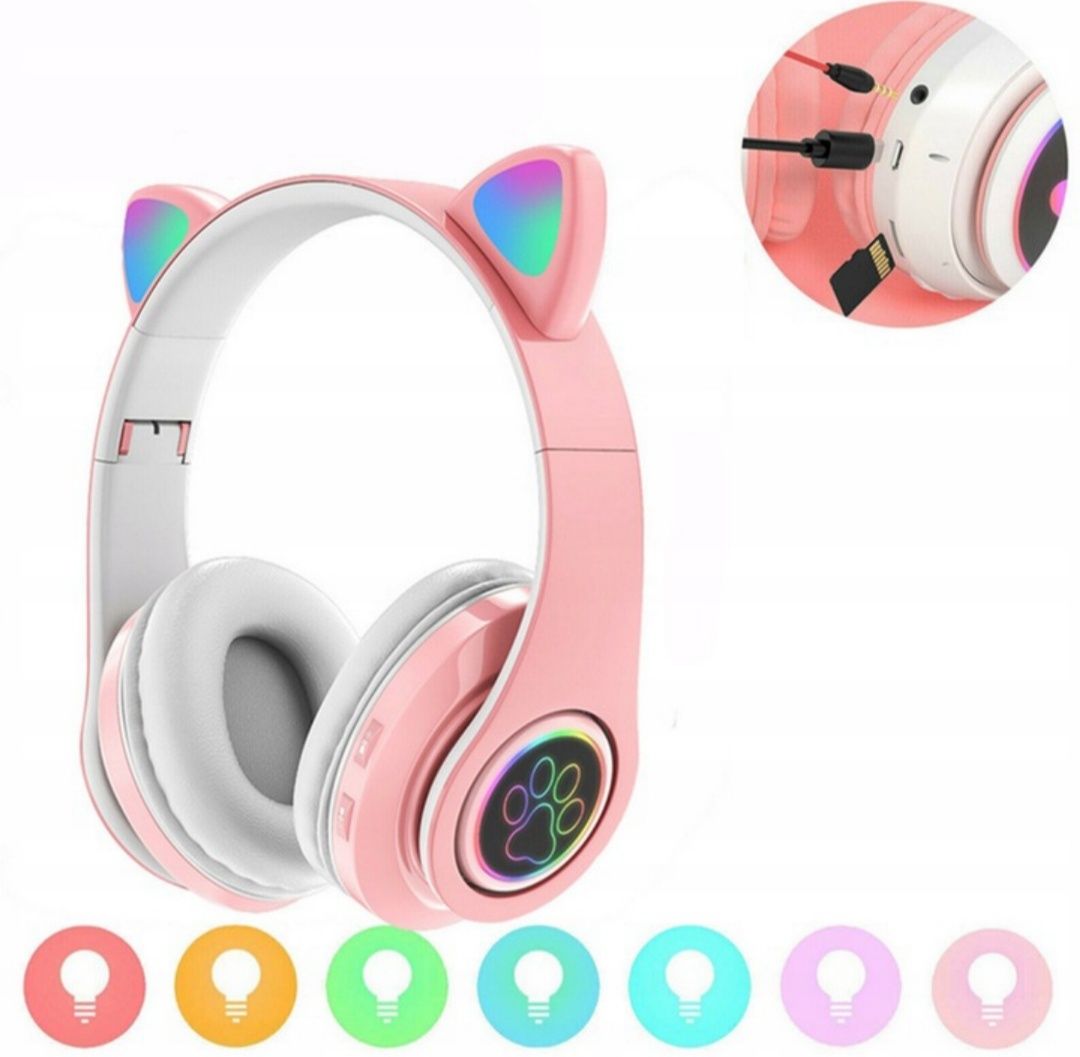 Słuchawki bezprzewodowe nauszne LED kocie uszy bluetooth 5.0 MICRO USB
