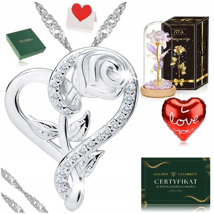Piękny Srebrny Naszyjnik Z Sercem Pr. 925 + Róża Wieczna Prezent Dla B