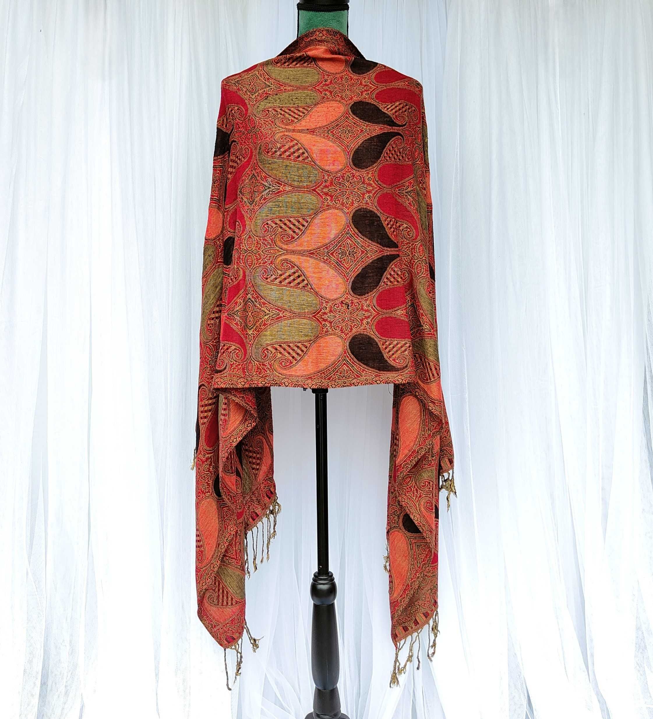 Ciepły szal szalik rudy pomarańczowy wzór orientalny boho bohemian