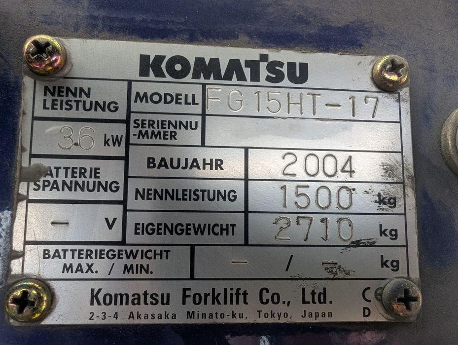 Wózek widłowy Komatsu 1,5t. 2004r gaz cenna brutto