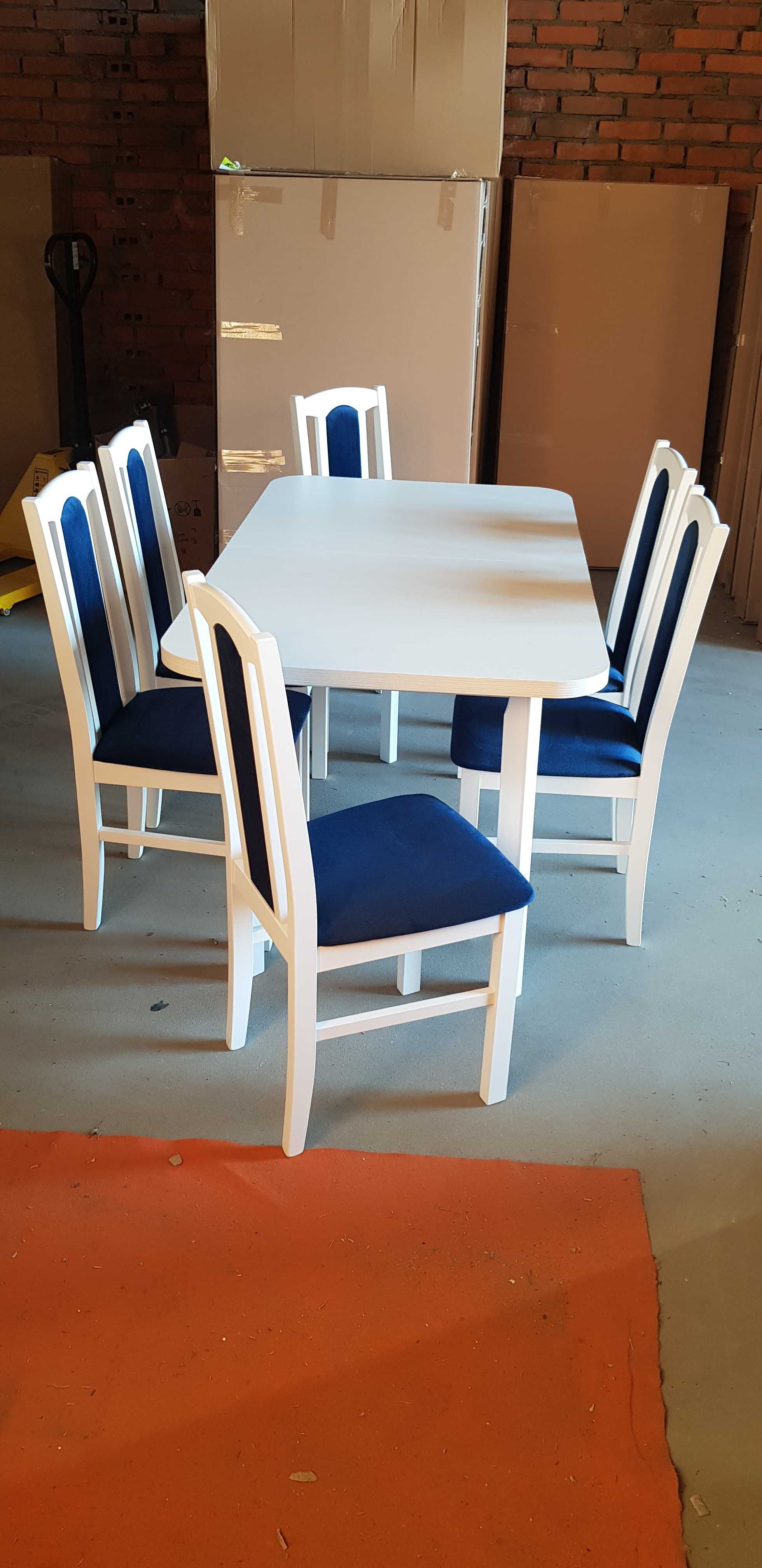 NOWE: Stół 80x140/180 + 6 krzeseł, biały + granat , dostawa PL