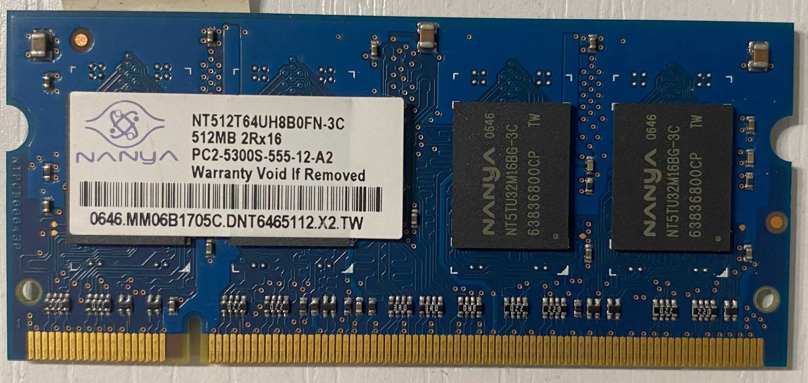 Pamięć RAM do laptopów DDR2 Nanya NT512T64UH8B0FN-3C 512MB  2sztuki