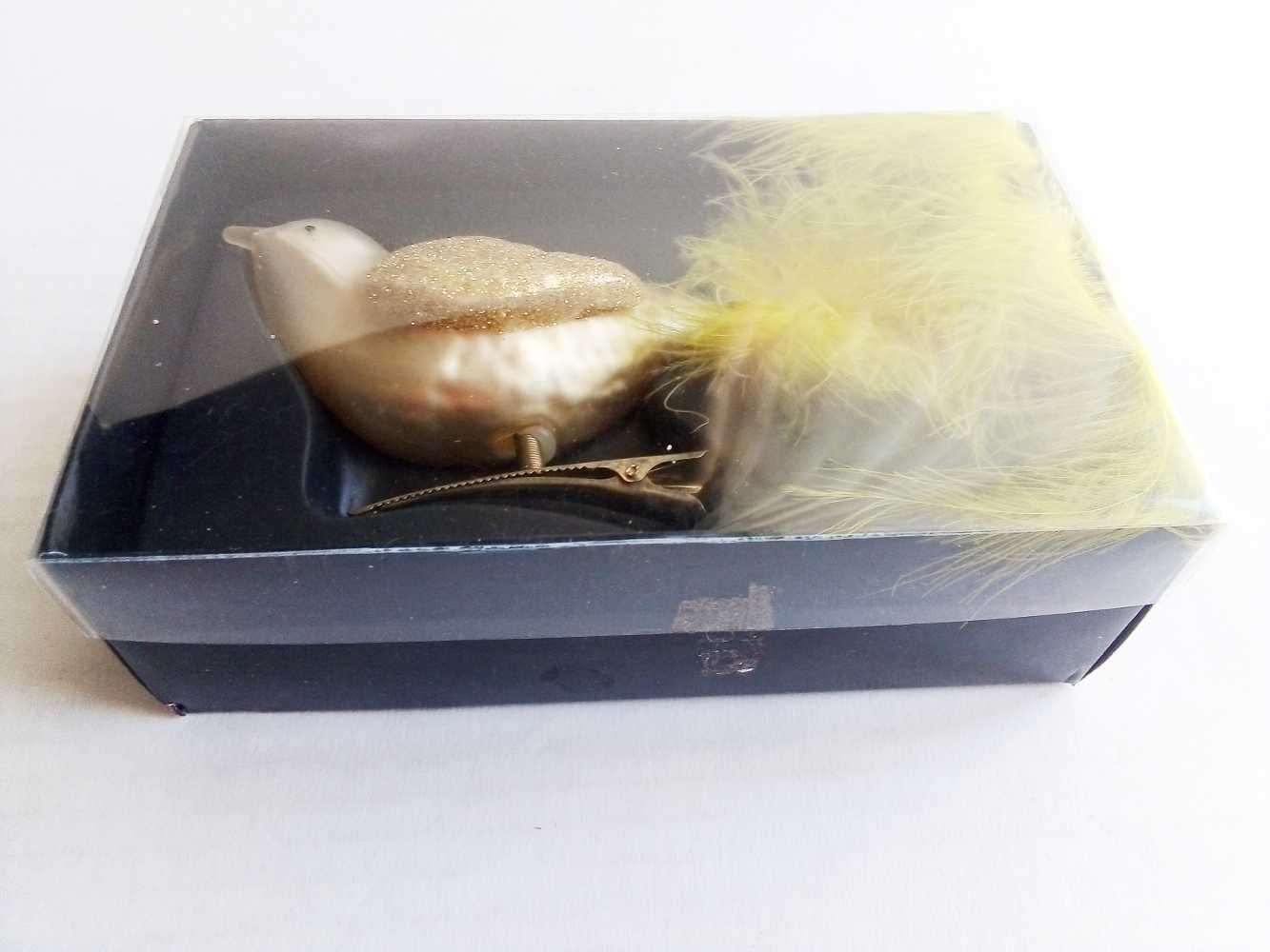 szklana bombka ptaszek z klipsem vintage żółty