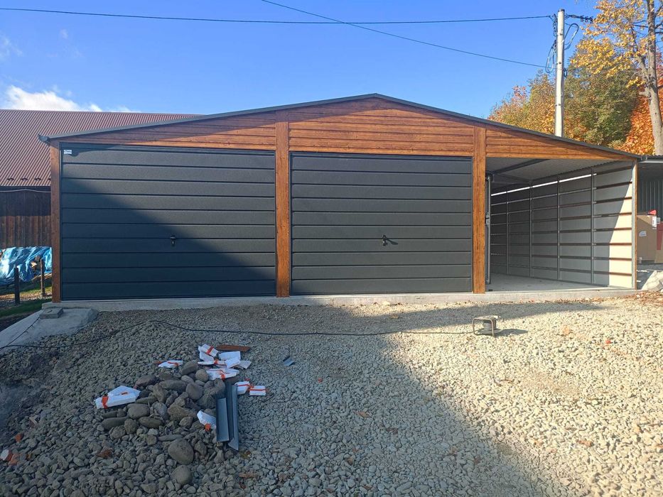 Garaż z wiatką 9mx6m - blacha drewnopodobna - konstrukcja OCYNK