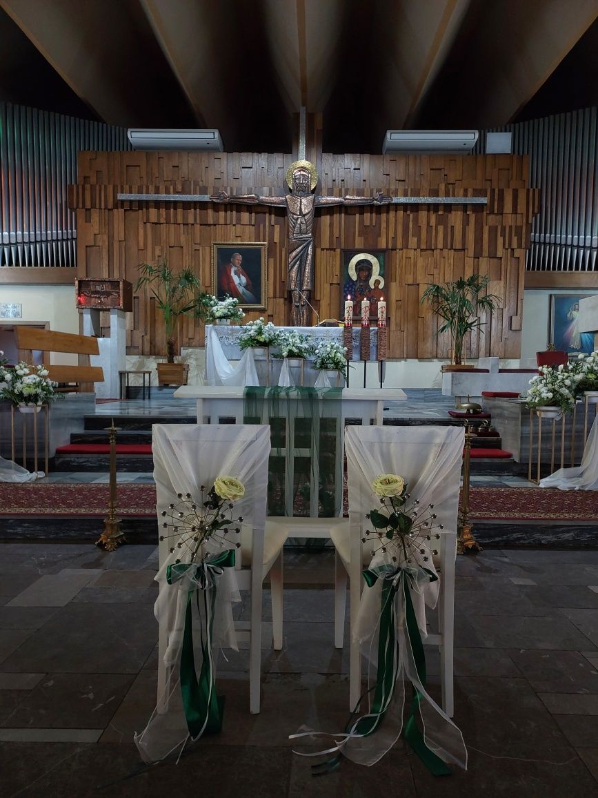 Dekoracja ślubna na krzesła do kościoła, ślub, wesele