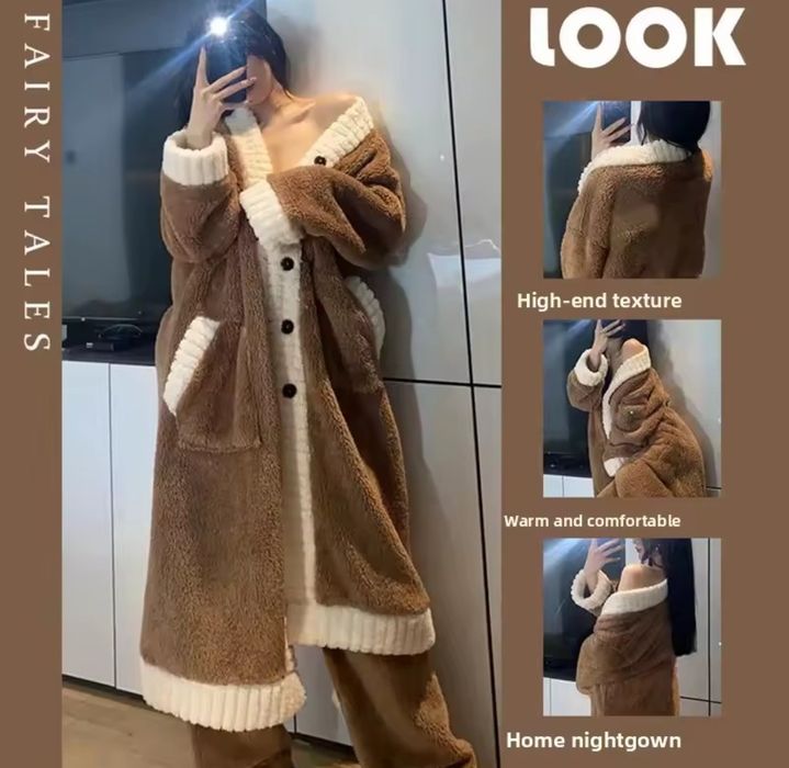 Новая длинная зимняя пижама  женская теплый плюшевый костюм халат