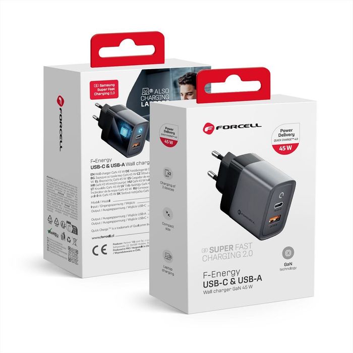 Forcell Ładowarka F-Energy GaN USB C + USB A 45W szara