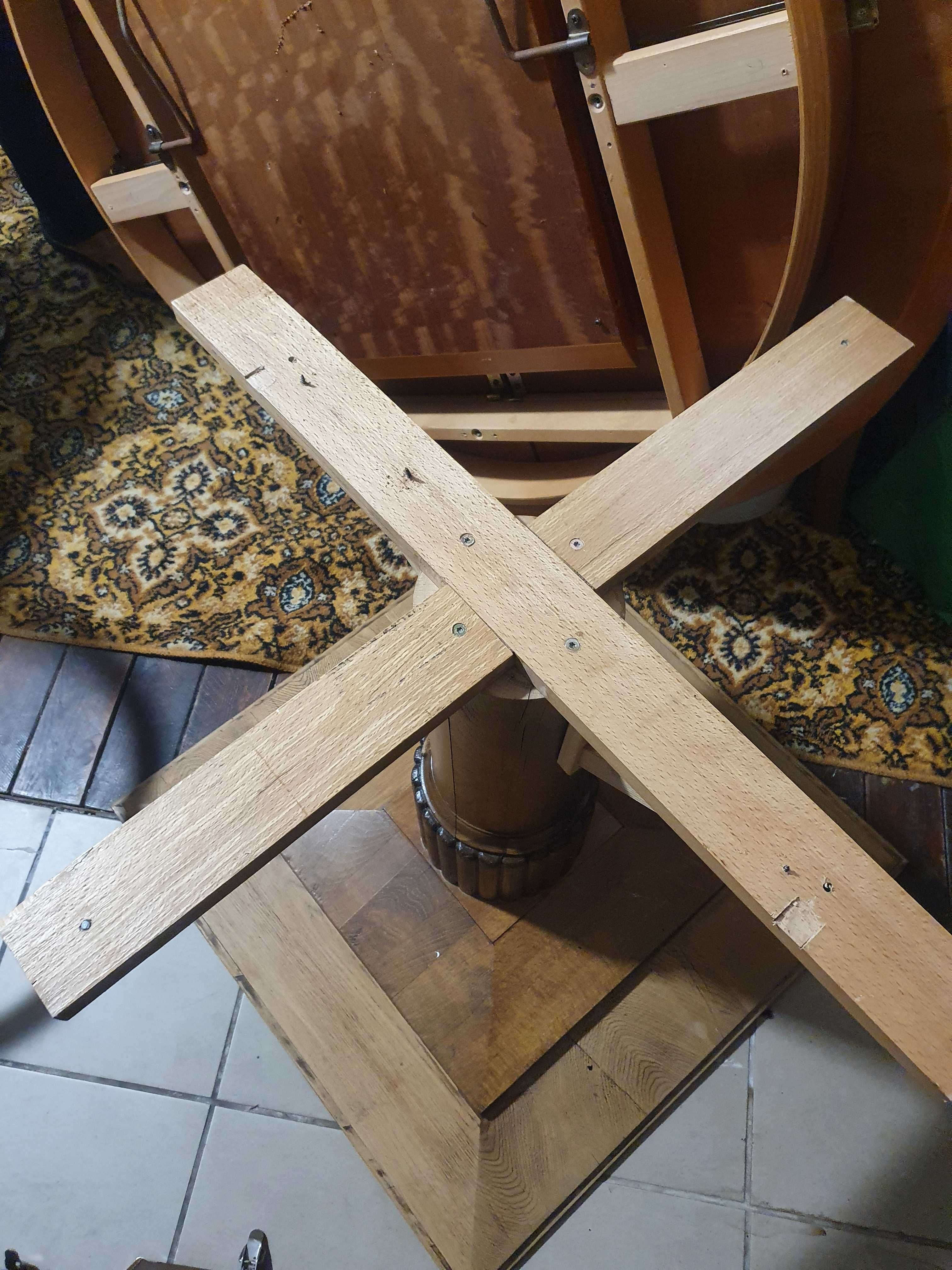 Stół okrągły rozkładany, ozdobny (intarsja?)piękny. 117 cm+ wkładka 47