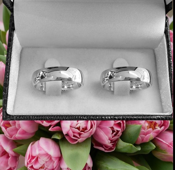 Para eleganckich srebrnych OBRĄCZEK ślubnych