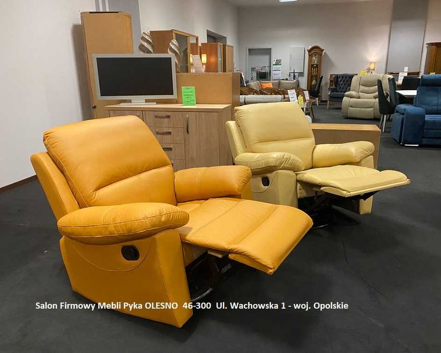 Nowy Fotel ROZKŁADANY, Bujany, Obrotowy, SKÓRA NATURALNA- Wyprzedaż