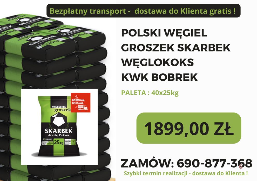 POLSKI WĘGIEL: Groszek 25MJ JARET Plus-Bezpłatna dostawa WIELICZKA !