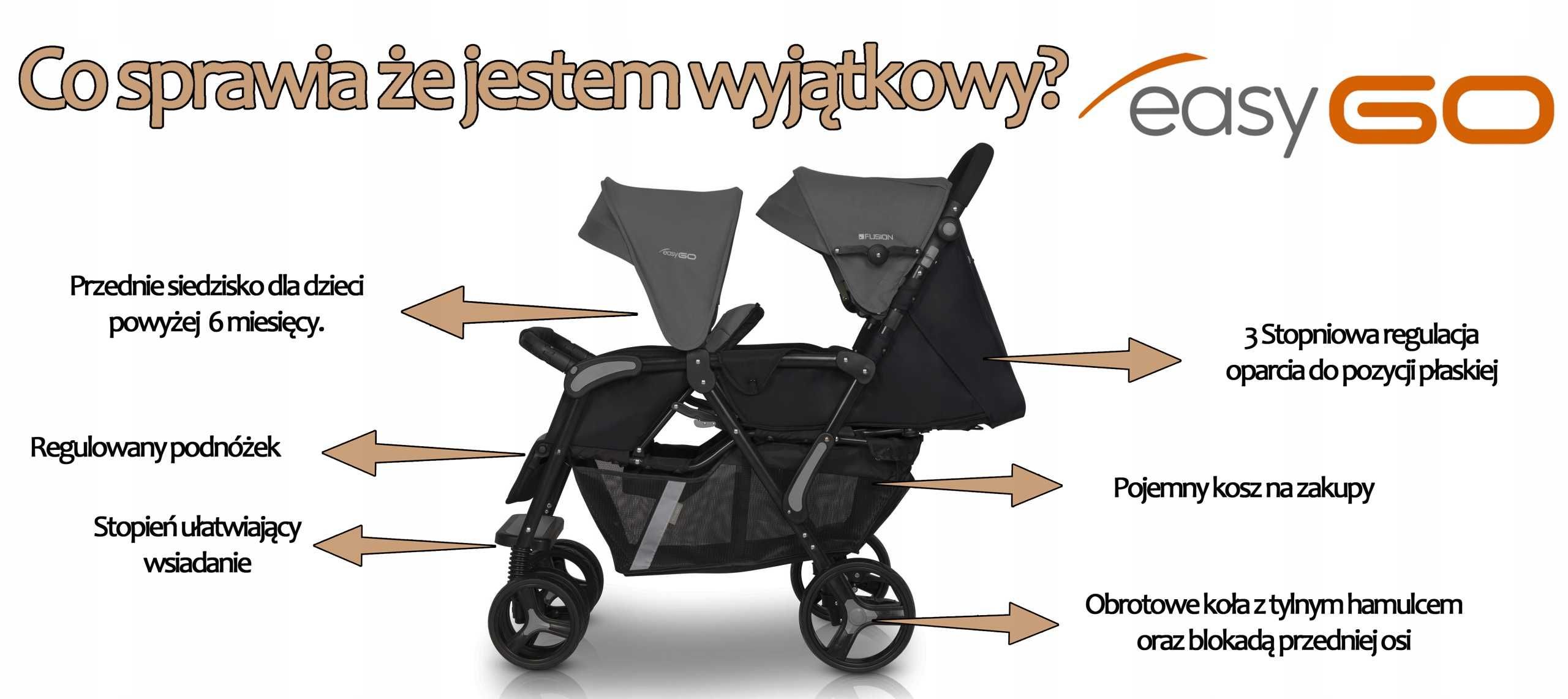 Flagowy Wózek Spacerowy Dla Bliźniąt EasyGO FUSION 2w1+ FOLIA ŚPIWORKI