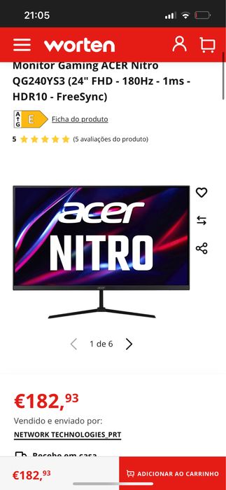 Vendo monitor acer nitro 180hz 1ms impecável