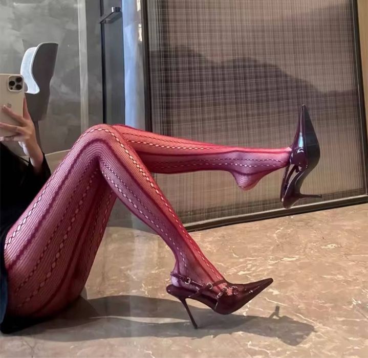 Колготи ажурні у смужку червоні колготи кружевні колготи бургунді сетк