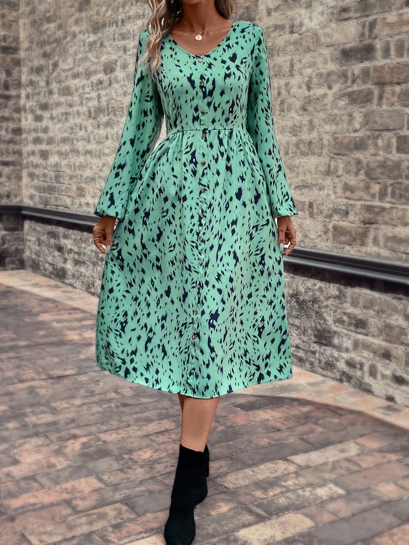 Sukienka Midi Z Bufiastymi Rękawami Zielona Casual Shein L 40
