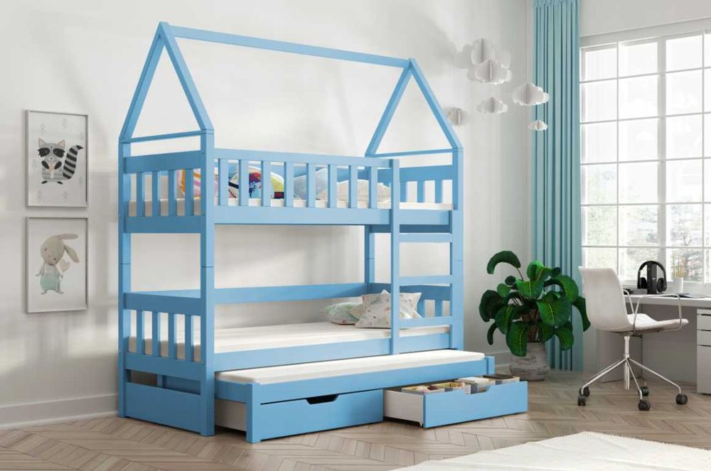 Łóżko piętrowe DOMEK dziecięce 3 osobowe, materace 160x75/180x75